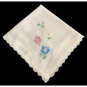 Handkerchief Hanky Hankie Vintage White Embroidered with Floral Design